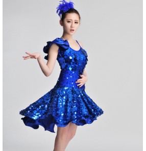 Turquoise royal blue sky blue red fuchsia hot pink yellow white sequins paillette one shoulder ruffles sleeves girls kid children women's performance professional competition latin  samba salsa dance dresses outfits